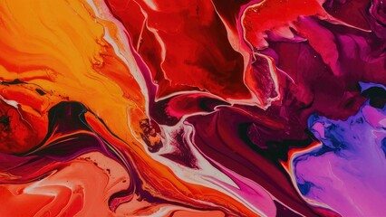 Fototapete - Vibrant abstract fluid art background with swirling shades of orange, red, and purple creating a dynamic and energetic visual experience.