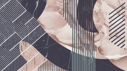 Leinwandbilder - Elegant abstract background with marble texture in shades of cream, gray, and black; featuring geometric lines and smooth curves.