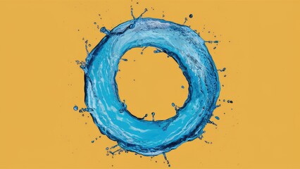Fototapete - Circular blue water splash on a vibrant yellow background, forming an eye-catching ring shape with droplets flying outward.