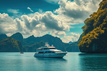 Canvas Print - Luxury yacht cruising tropical bay, island backdrop