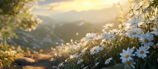 Wall Mural - Vibrant closeup of white daisies flourishing along a scenic path at sunset with soft golden hues and lush green grass creating an inviting foreground