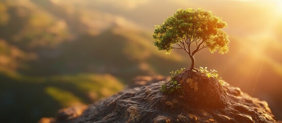 Wall Mural - Lone green tree on a rocky outcrop with a golden sunset background illuminating rolling hills and a serene atmosphere in soft warm colors.