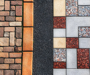 Poster - A Symphony of Stone:  A striking close-up view of intricate patterns and textures found on a city sidewalk. The image is divided into three sections.