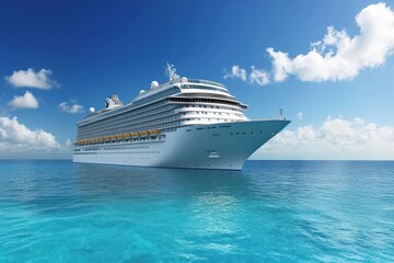 Wall Mural - Cruise ship sailing sunny ocean, blue sky, clouds, travel brochure