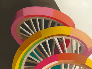 Wall Mural - Abstract Colorful Spiral: A vibrant, close-up shot of an abstract sculpture or artwork featuring a series of colorful, overlapping spirals in shades of pink, orange, yellow, and green.