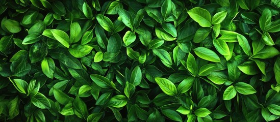 Wall Mural - Lush green foliage background with various shades of vibrant green leaves densely arranged, creating a fresh and lively atmosphere for design settings