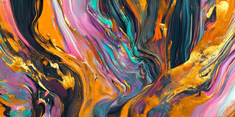 Poster - abstract fluid art: a vibrant and dynamic composition of swirling colors, featuring rich hues of ora