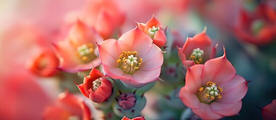 Wall Mural - Delicate close-up of pink Christ thorn flowers with vibrant green leaves showcasing intricate details and soft background lighting in a serene setting