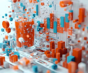 Poster - Data Visualization: Abstract 3D Render of vibrant orange and teal geometric shapes swirling around a glass jar, creating a dynamic and visually engaging representation of data and information flow. 