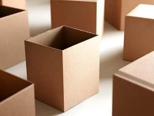 Poster - Cardboard Boxes: A composition of empty cardboard boxes in various angles and positions, creating a minimal and abstract pattern. The textured surface of the boxes adds depth and visual interest.  