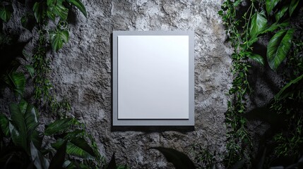 Poster - Minimalist Urban Scene with Blank White Paper Frame Surrounded by Lush Greenery on Textured Wall