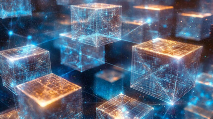 Poster - Interconnected Data Cubes: A captivating abstract image depicting a network of glowing data cubes connected by shimmering lines.