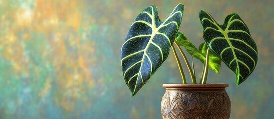 Wall Mural - Vibrant Alocasia Regal Shields plant with shiny green and yellow veined leaves in a textured brown pot against a gradient pastel background