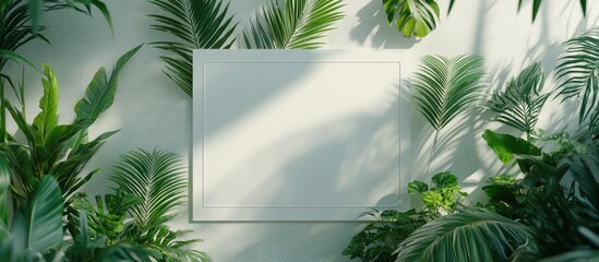 Wall Mural - Minimalist white poster frame on a light wall, surrounded by lush green plants, natural light casting subtle shadows for a serene aesthetic