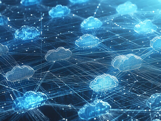 Poster - Global Network Cloud Computing: Abstract digital illustration of interconnected cloud icons, symbolizing a vast, global network for cloud computing and data storage.