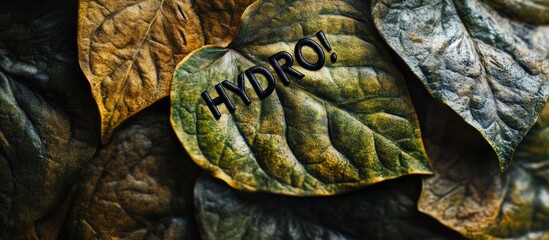 Wall Mural - Close up of textured green and brown leaves with bold black HYDRO inscription illustrating water's significance in nature's ecosystem.