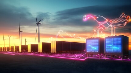 Poster - Futuristic smart grid battery storage facility seamlessly managing and optimizing the flow of renewable energy from solar farms and wind turbines