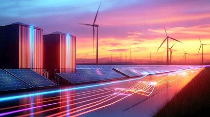 Leinwandbilder - Advanced sustainable energy storage hub featuring AI driven battery technology  Renewable power from solar panels and wind turbines flows through a cybernetic smart grid