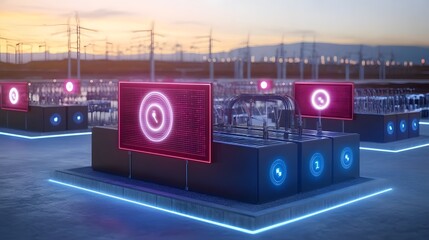Poster - Ultra modern energy storage network designed to optimize power from sustainable sources  Smart batteries connected to a high tech grid regulate electricity flow