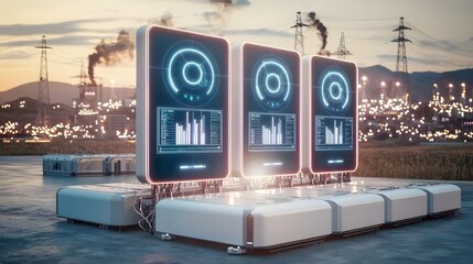 Leinwandbilder - Ultra modern energy storage network designed to optimize power from sustainable sources  Smart batteries connected to a high tech grid regulate electricity flow