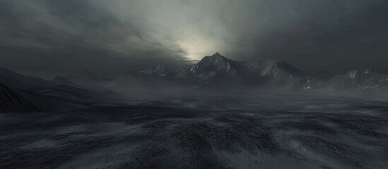 dramatic aerial view of dark moody mountains at twilight with grey clouds and a hint of sunset illum