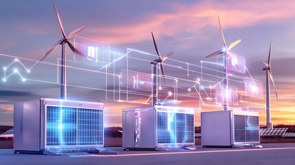 Leinwandbilder - Futuristic Cybernetic Smart Energy Grid with Ultra Efficient Battery Technology and Renewable Power Production  Massive wind turbines and solar panels feed energy into futuristic storage units