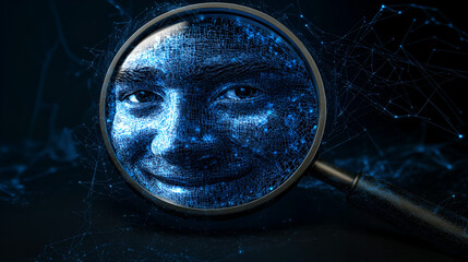 Poster - Digital Face Magnification: A mesmerizing digital art piece showcasing a face viewed through a magnifying glass, with intricate blue digital particles forming the image.