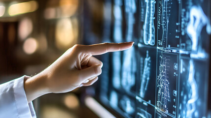 Poster - Medical Diagnosis: A close-up shot of a hand interacting with a digital display showing medical images, highlighting the use of technology in modern healthcare.