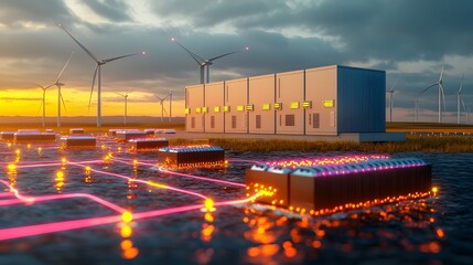 Aufkleber - Futuristic floating node network seamlessly integrating AI driven battery storage into a smart energy grid  Glowing purple and blue energy links hover above wind turbines and solar farms