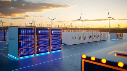 Leinwandbilder - Advanced floating network system visualizing a cybernetic battery grid managing renewable power  Pulsating purple and blue neon nodes hover in mid air interconnecting solar panels wind turbines