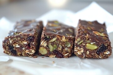 Wall Mural - Chocolate Energy Bars Rectangular bars with nuts, oats, and dried fruit visible through a thin chocolate coating. A partially unwrapped bar highlights the hearty ingredients.