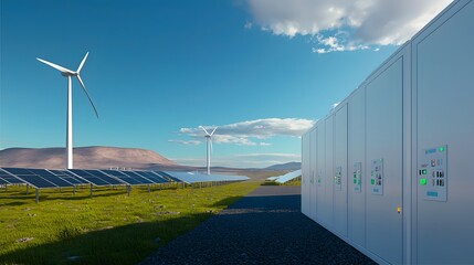 Leinwandbilder - Panoramic view of a futuristic renewable energy grid featuring seamlessly integrated large scale Li ion battery storage containers towering wind turbines