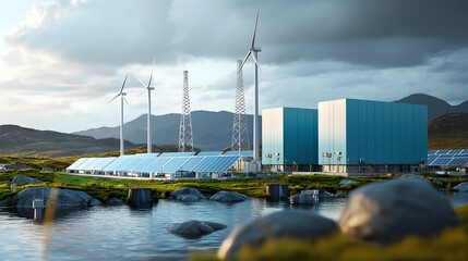 Leinwandbilder - Panoramic view of a modern renewable energy infrastructure with massive battery storage units efficiently managing electricity from wind power farms and solar energy fields