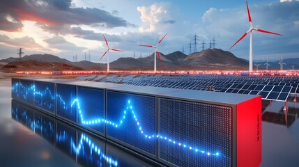 Aufkleber - Ultramodern renewable energy storage system with sleek battery containers rotating wind turbines and an extensive solar farm in a scenic landscape bathed in soft lighting