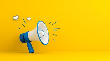 Aufkleber - Flat style blue and yellow megaphone icon against a solid yellow background symbolizing media alerts notifications and communication  A sharp professional with a modern digital design