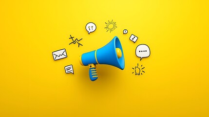 Poster - Minimalist blue and yellow megaphone icon on a bold yellow backdrop representing news media and social engagement