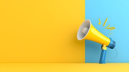 Fototapete - Minimalist and sleek megaphone symbol in blue and yellow colors on a high contrast solid background representing audio projection public messaging communication and marketing