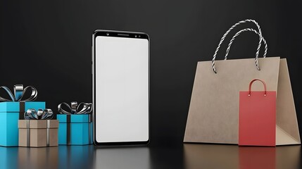 Poster - Minimalist 3D white screen smartphone with shopping bag and gift box floating on a black solid background representing the modern and sleek design of e commerce and online shopping platforms perfect