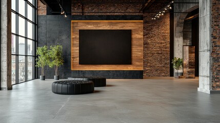 Wall Mural - Modern industrial interior design with spacious gallery and empty wooden frame for artwork display