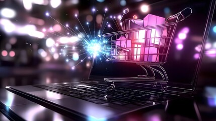 Aufkleber - Futuristic 3D shopping cart filled with colorful products placed on a laptop keyboard