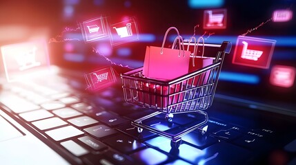 Poster - Vibrant digital shopping cart filled with consumer goods positioned on a laptop keyboard surrounded by neon blue and magenta holographic data effects