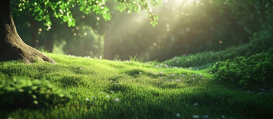 Wall Mural - Lush green grass lawn illuminated by sunlight filtering through trees in the background creating a vibrant natural scene with soft shadows