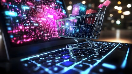 Poster - Vibrant Digital Shopping Cart Filled with Consumer Goods Positioned on a Sleek Laptop Keyboard with Neon Blue and Magenta Holographic Data Effects Depicting a Futuristic E Commerce Visualization