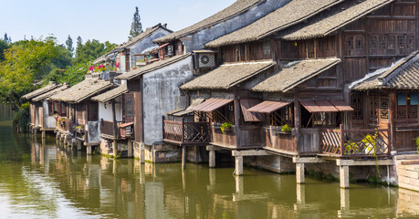 Wall Mural - Panorama of traditional wooden houses in west village Wuzhen, China