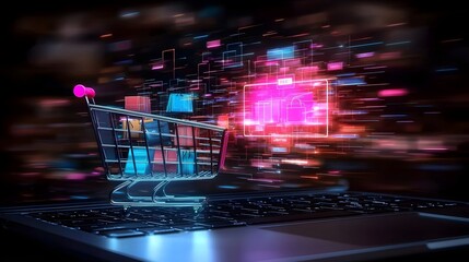 Aufkleber - Futuristic digital shopping cart filled with vibrant consumer goods positioned on a laptop keyboard with neon blue and magenta holographic data effects