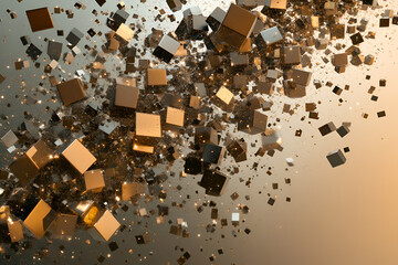 Fototapete - Golden Cube Storm: A visually stunning abstract composition of golden cubes suspended in mid-air, creating a dynamic and energetic flow against a subtle gradient background.  