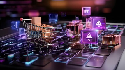 Poster - Cyberpunk Inspired Futuristic 3D Shopping Cart on Digital Laptop Keyboard with Holographic Retail Interface High Tech Online Shopping Experience with Neon Merchandise and Glowing Digital Backdrop