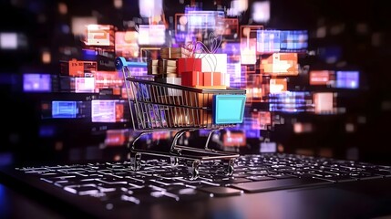 Poster - Sleek and modern miniature shopping cart packed with neon wrapped products sitting on a futuristic laptop keyboard surrounded by interactive holographic data screens and digital shopping elements on
