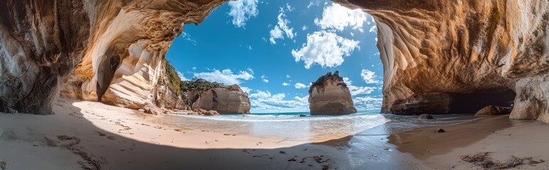 Wall Mural - Beach cave panorama ocean view, sunny sky, coastal rocks