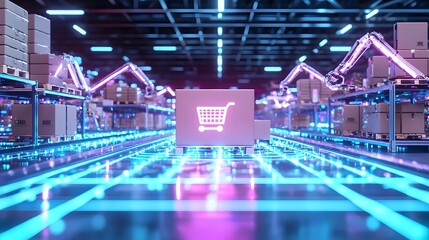 Leinwandbilder - Automated Futuristic Retail Warehouse with Robotic Conveyor Belt System Transporting Packages  Advanced Logistics and Distribution Center Illuminated by Neon Blue Lights